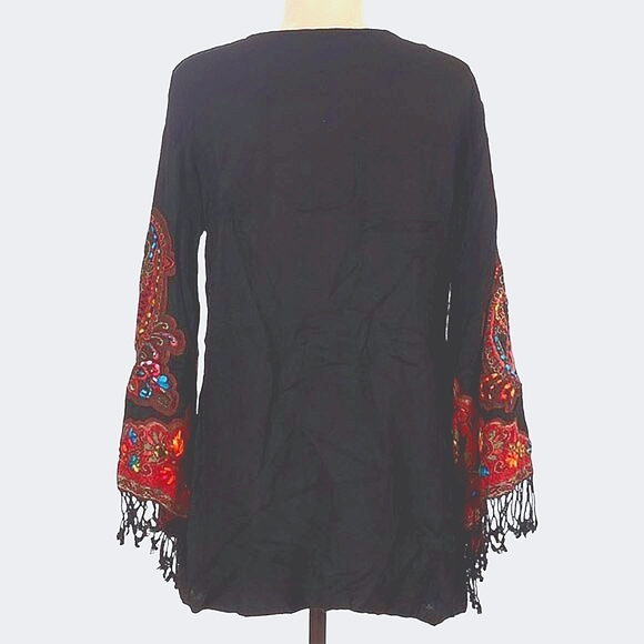 Boho Avani del amour Tunic with colorful Embroidered bell sleeves & fringe NWT - Picture 2 of 5